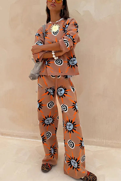 Mediterranean Art Knit Unique Sun Vortex Print Elastic Waist Wide Leg Pants