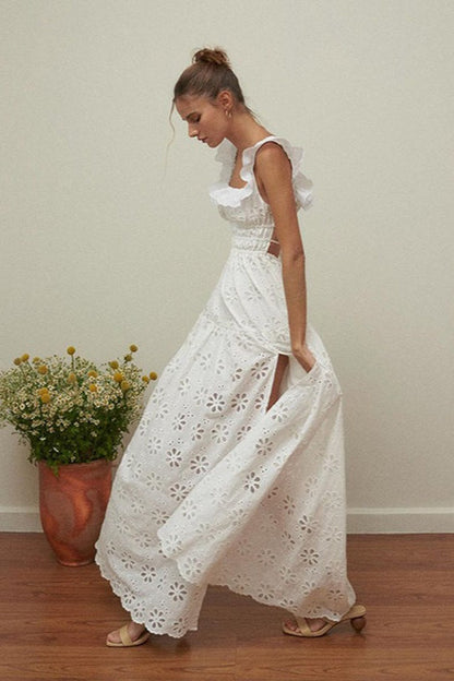 Eyelet Floral Lace Ruffled Square Neck Smocked Waist Tiered High Split Maxi Dress
