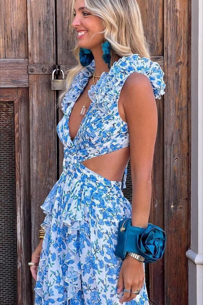 Deep V Backless Cutout Ruffle Floral Dress