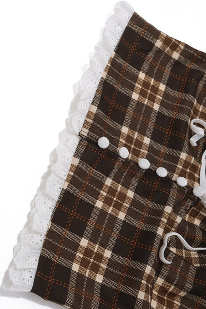 Sexy Plaid Lace Trim Halter Halter Top