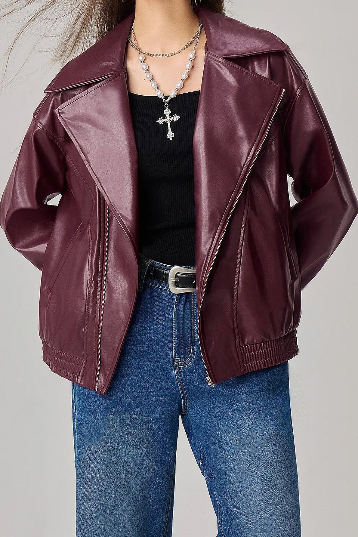 Oversized Long Sleeve Leather Jacket