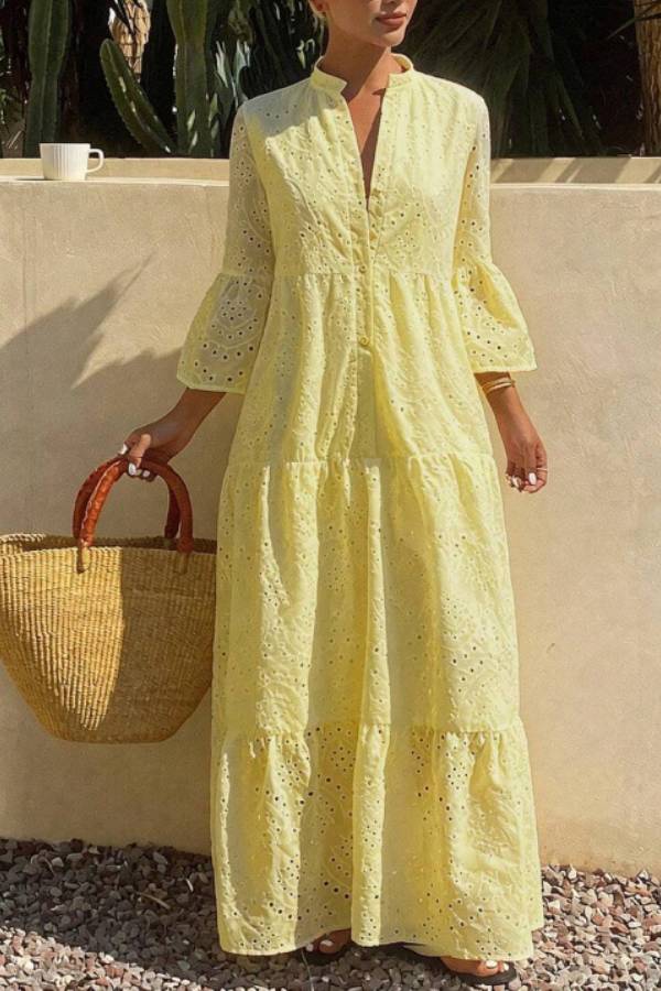 Stand‑Collar Eyelet Embroidery Ruffle Sleeve Tiered Maxi Dress