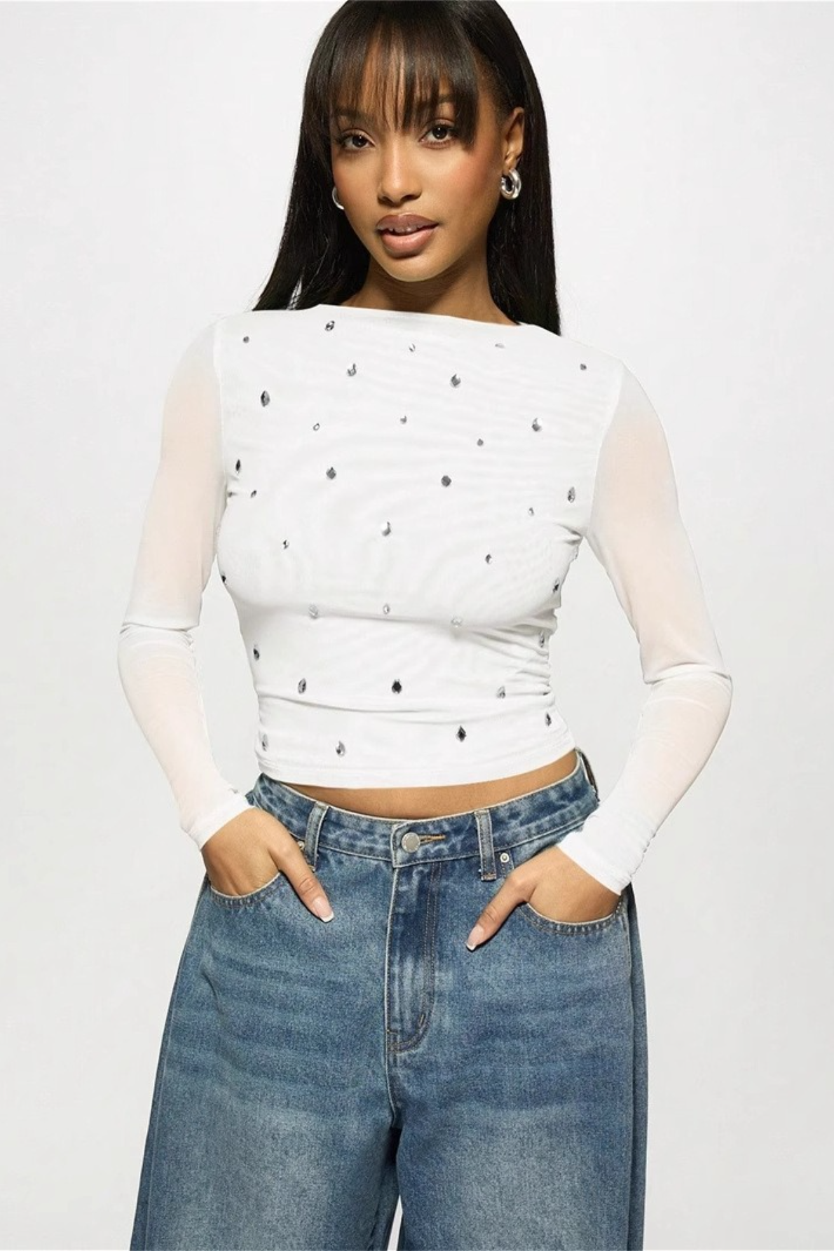Printed Slim Mesh Sheer Cutout Long Sleeve Crop Top