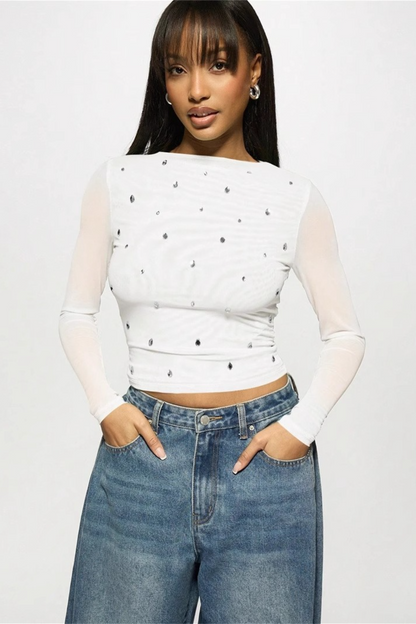 Printed Slim Mesh Sheer Cutout Long Sleeve Crop Top