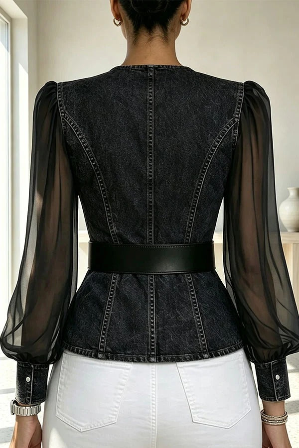 Faux Denim & Sheer Tulle Sculpted Crossover Blouse