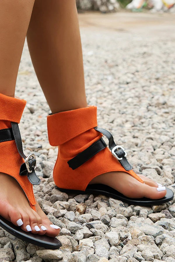 High-top Flat Denim Thong Sandals with Buckle Straps.