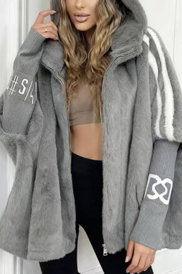Hooded faux fur patchwork knit cardigan