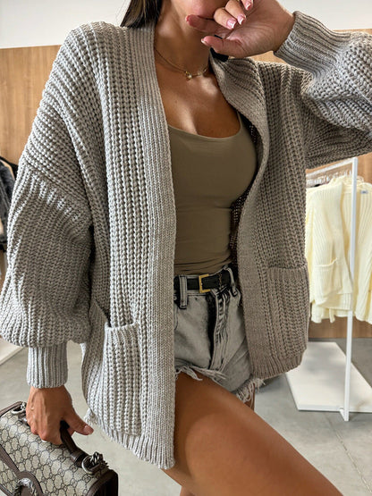 Solid Color V-neck Long-sleeved Casual Knitted Cardigan