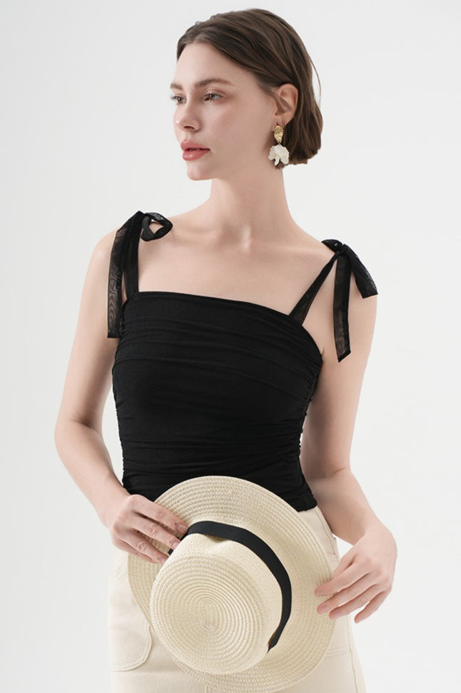 Polka Dot Halter Cropped Ruched Tie Front Tank Top
