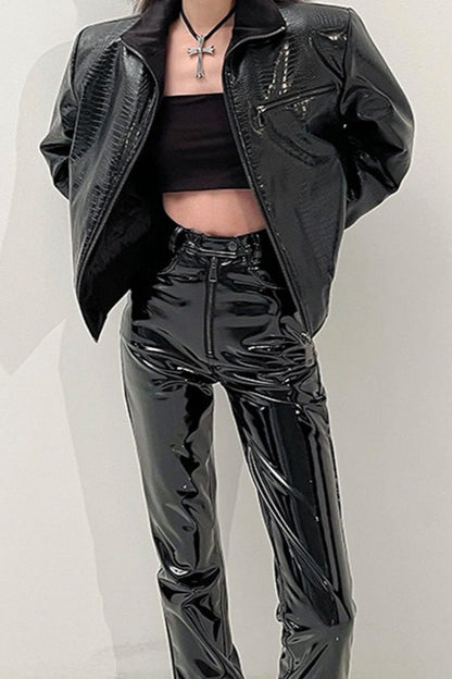 High Shine PU Leather Slim Straight Pants