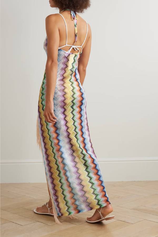 Playful Knit Colorful Zigzag Pattern Halter Slit Tassle Trim Maxi Dress