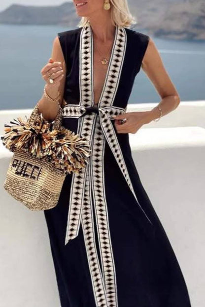 Black Geometric Deep V Sleeveless Cutout Waist Tie-Up Maxi Dress