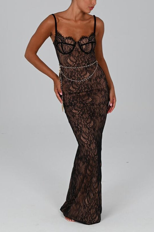 Floral Lace Bustier Sweetheart Spaghetti Strap Mermaid Maxi Dress