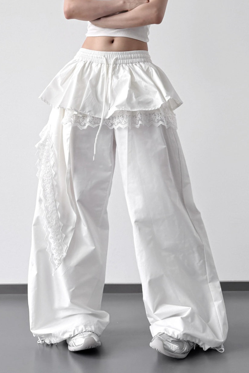 Lace Skirt Hem Trim Wide Leg Casual Pants