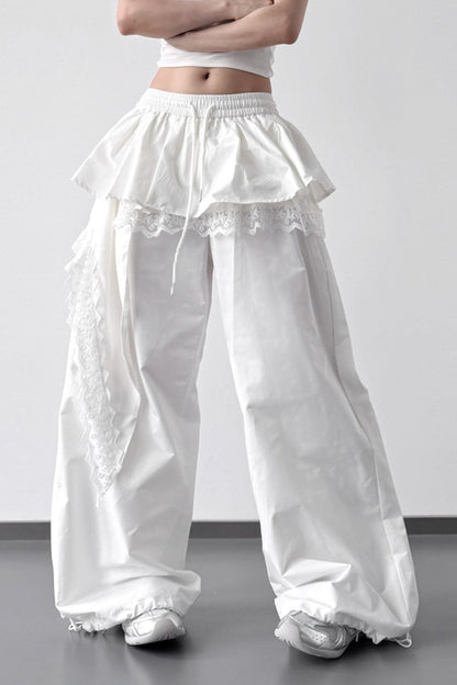 Lace Skirt Hem Trim Wide Leg Casual Pants