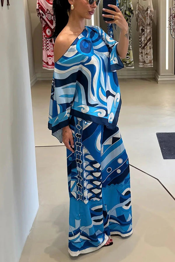 Luxe Resort Satin Unique Print Cape-style Top and Elastic Waist Pocket Wide Leg Pants Set