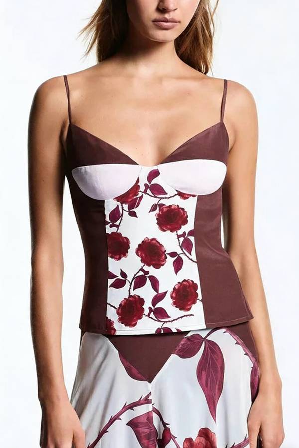 Euro Vacay Chiffon Damask Rose Print Slip Top and High Rise Double-layered Hem Maxi Skirt Set