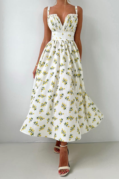 Low Neck Strap High Waist Slit Floral Dress