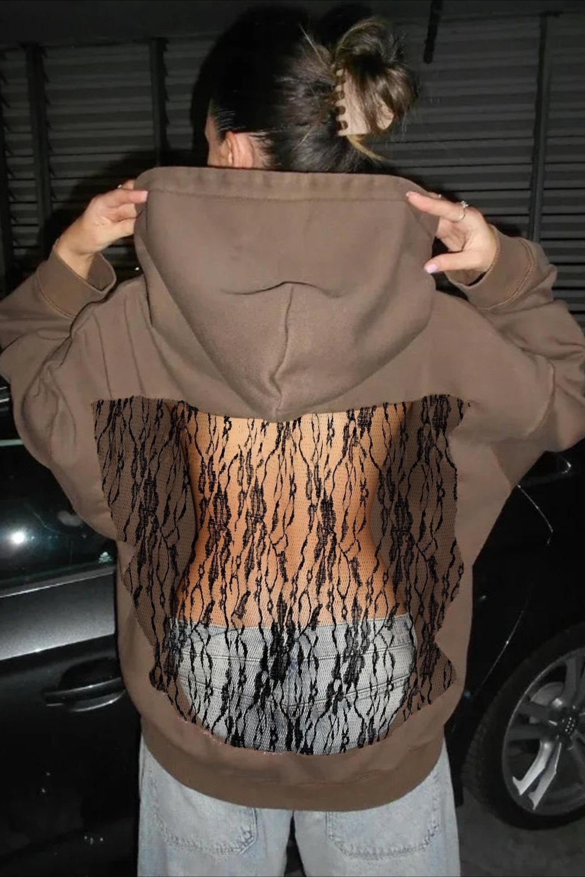 Hollow Out Lace Flower Back Hoodie