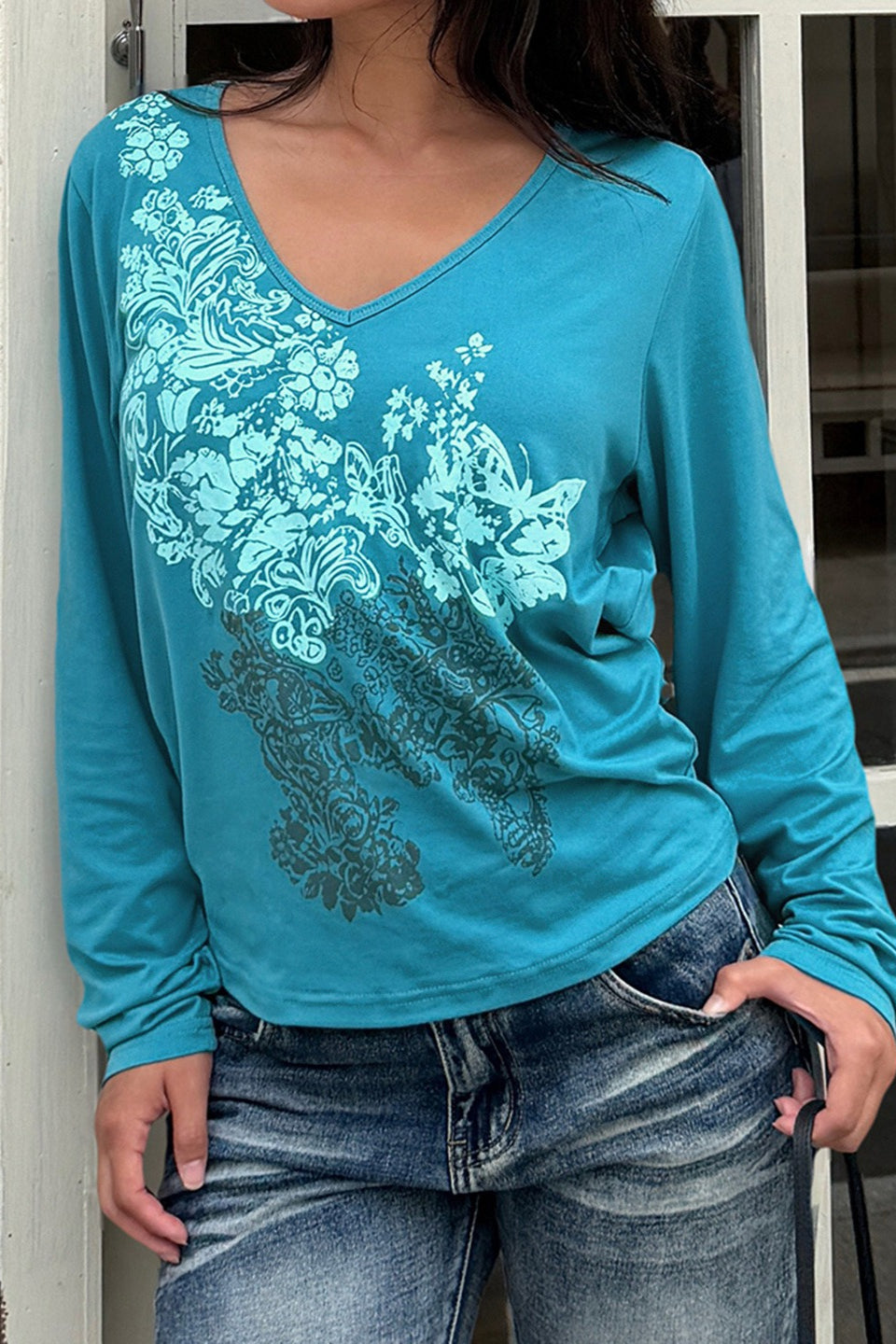 Floral Butterfly V Neck Long Sleeve Tee
