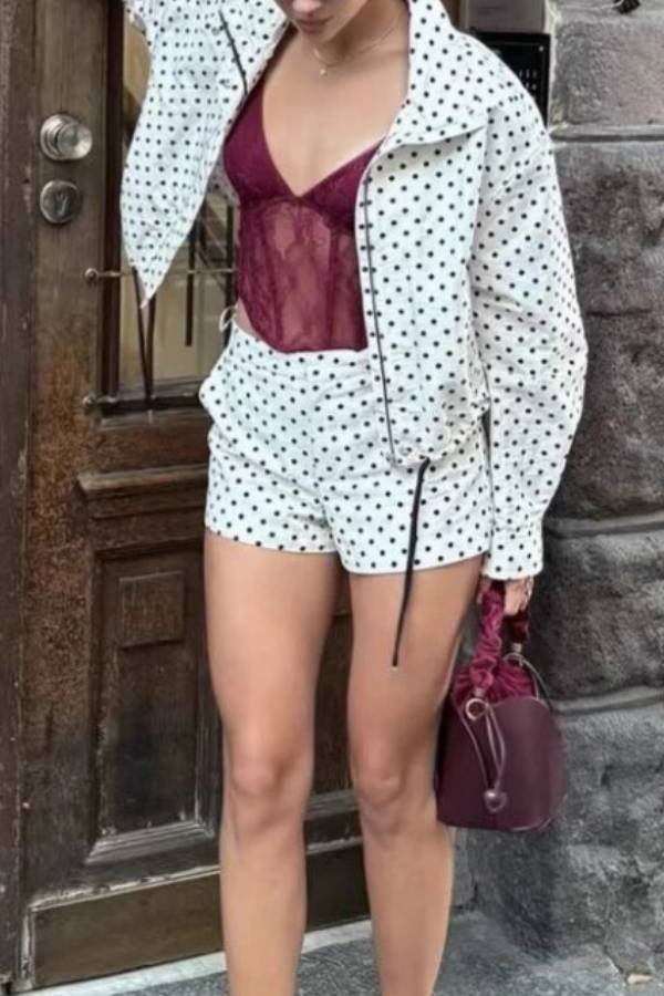 Polka Dot Print Stand Collar Zip-Up Drawstring Cropped Jacket