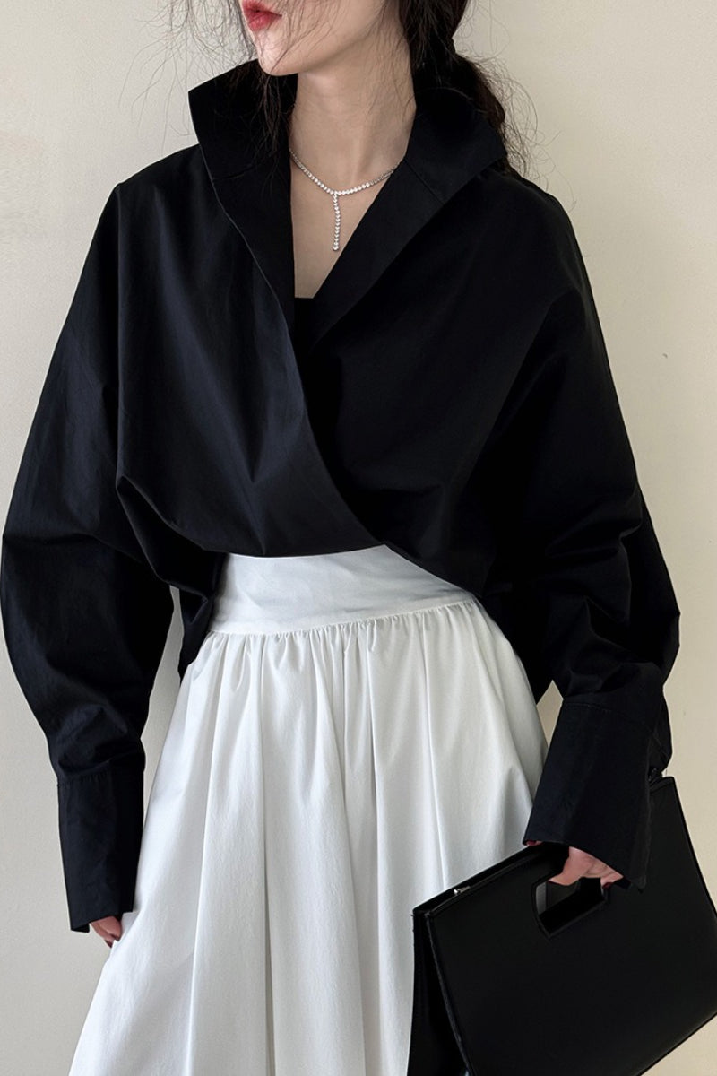 Structured Oversized Lapel V Neck White Blouse