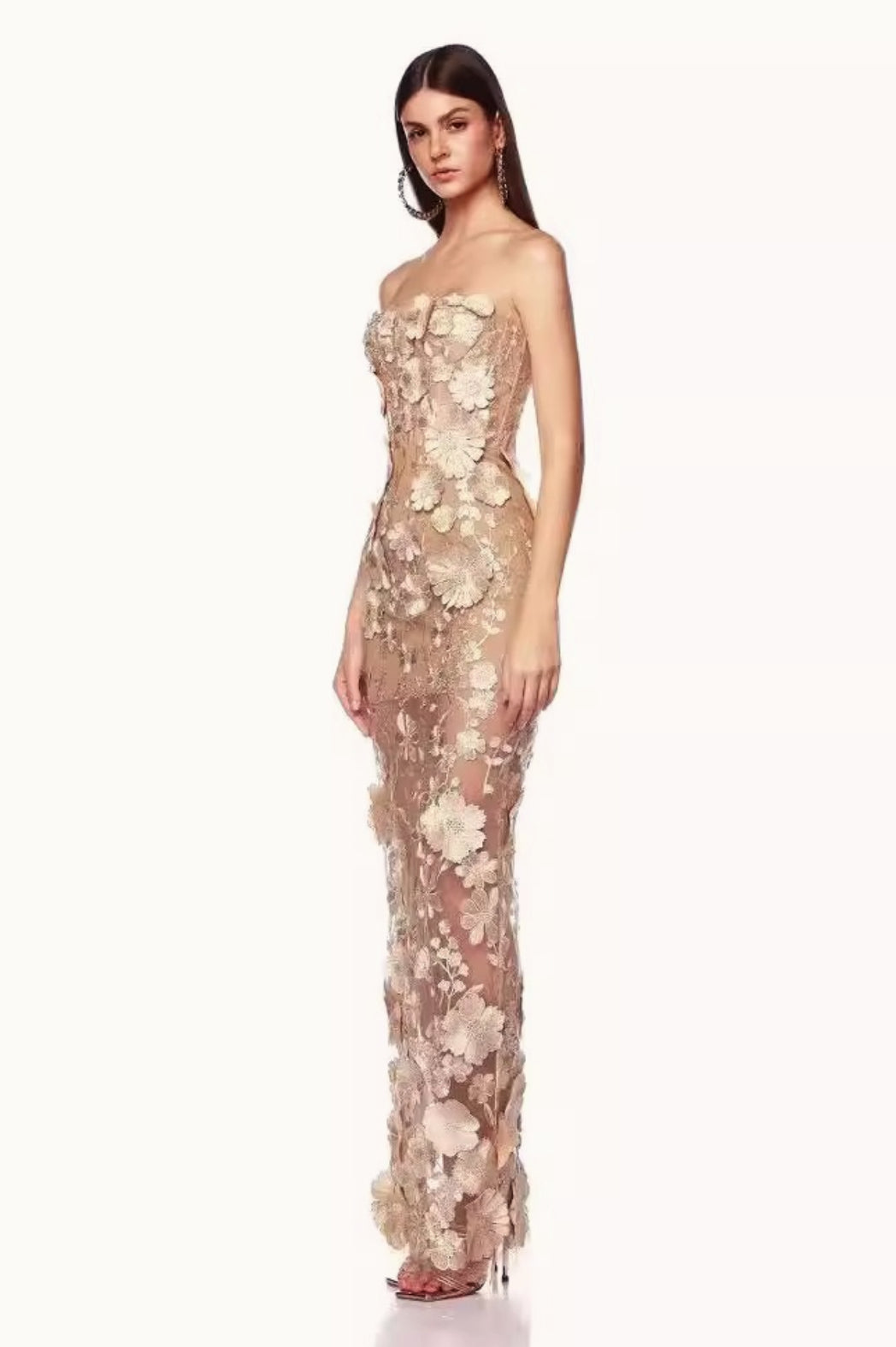 Elegant Strapless 3D Floral Embroidery Floral Dress