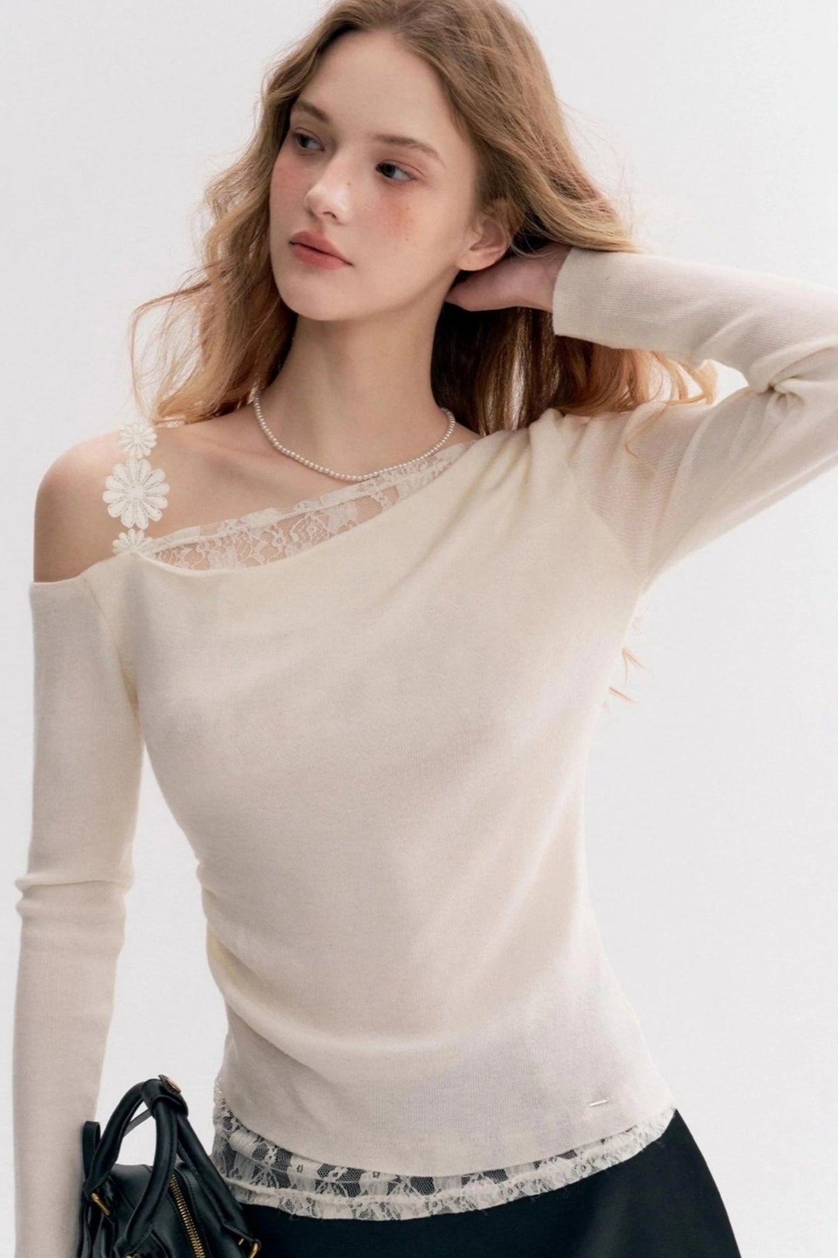 Lace Trim One Shoulder Slim Long Sleeve Blouse