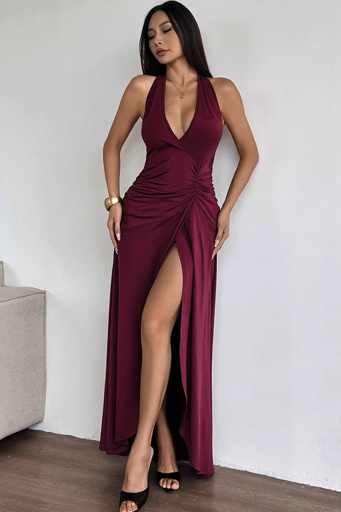 Deep V Backless Halter Ruched Formal Dress