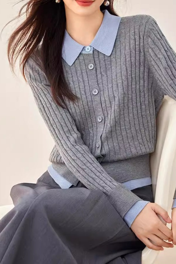 Ribbed Polo Layered Cardigan
