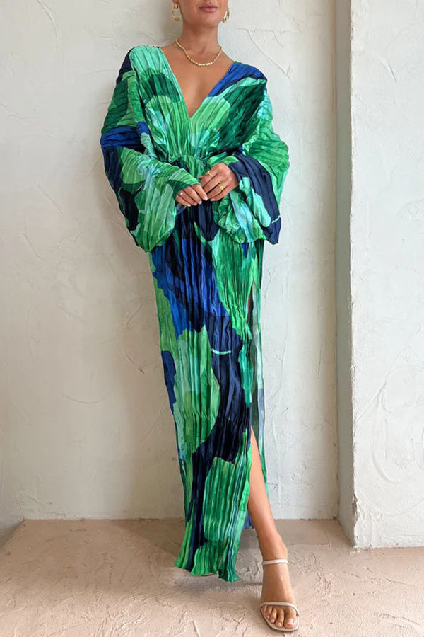 Abstract Floral Print Pleated Deep V-Neck Balloon Sleeve High Split Maxi Dress
