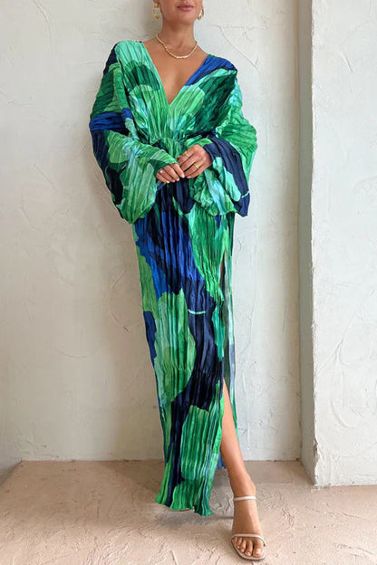 Abstract Floral Print Pleated Deep V-Neck Balloon Sleeve High Split Maxi Dress