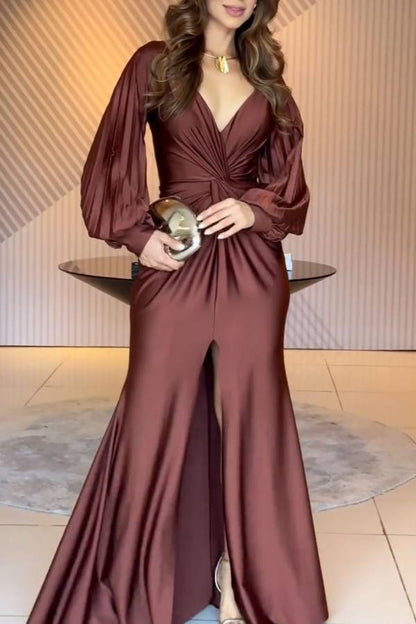 Satin Deep V Bubble Sleeve Slit Mermaid Evening Gown