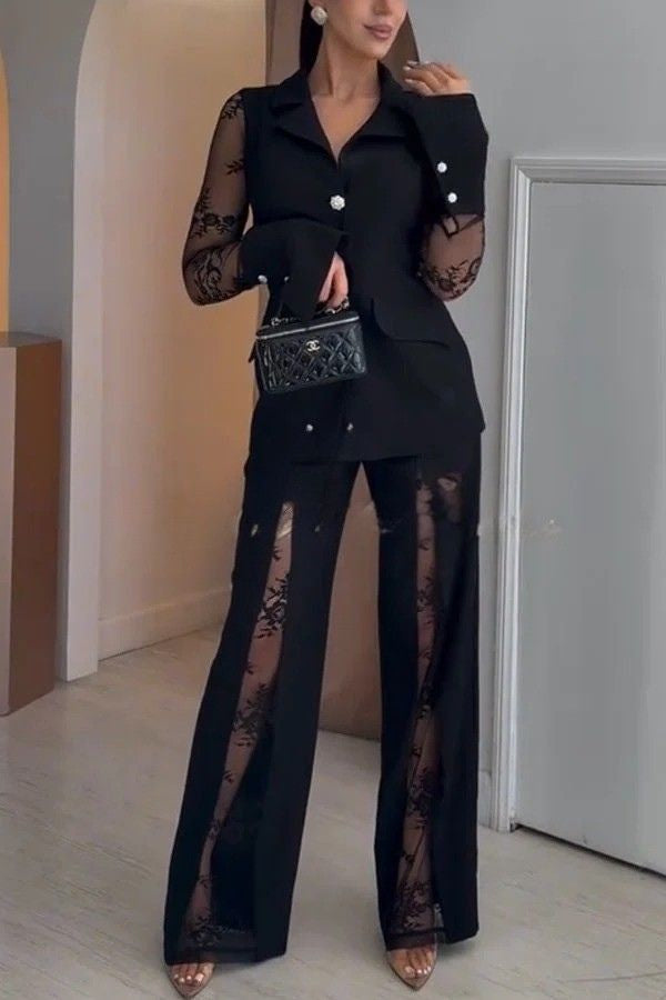 Ninah Front Slit Lace Patchwork High Rise Wide Leg Pants