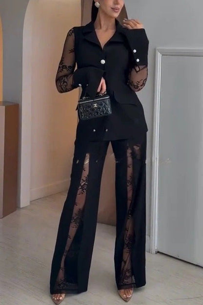 Ninah Front Slit Lace Patchwork High Rise Wide Leg Pants