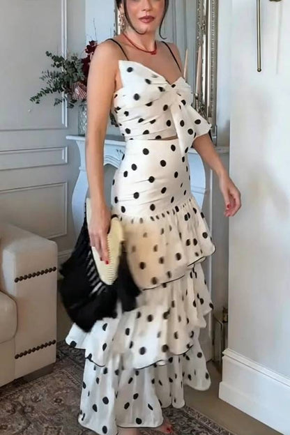 Gerrie Linen Blend Polka Dot Bow Smocked Top and High Rise Tiered Hem Maxi Skirt Set