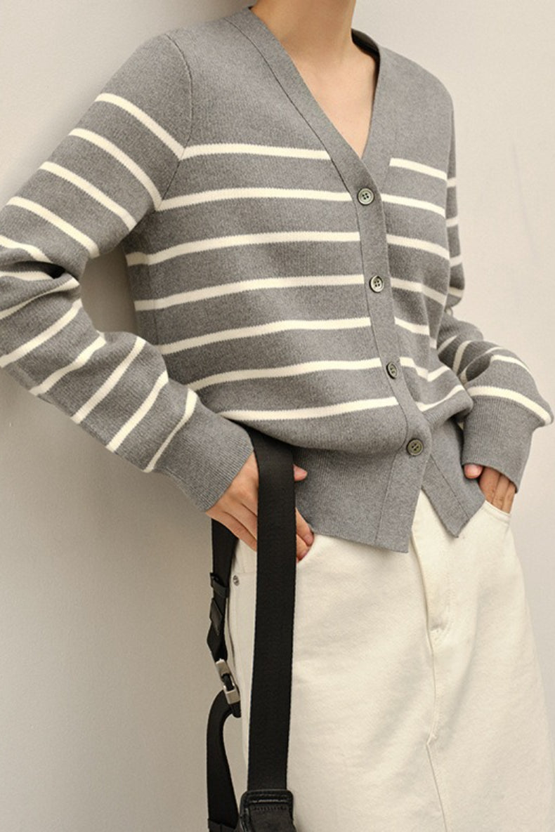 V Neck Stripe Knit Cardigan