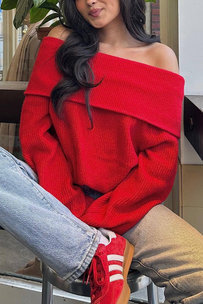 Sexy Slim Fit Solid Color Pullover Sweater with Off-shoulder Neckline