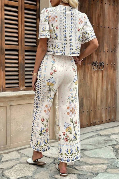 Bohemian Floral Print Tie Front Crop Top & Wide Leg Pants Two-Piece Set