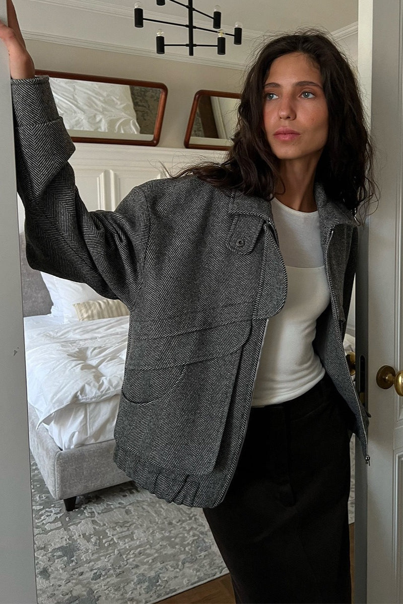 Herringbone Stand Collar Relaxed Coat