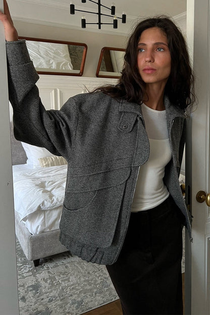 Herringbone Stand Collar Relaxed Coat