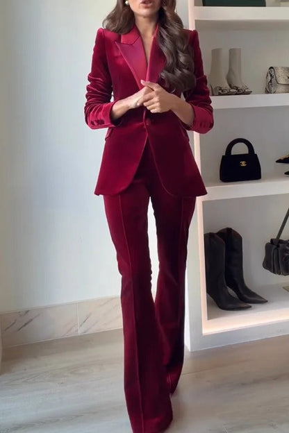 Delicate Daze Velvet Satin Lapel Button Up Long Sleeve Tapered Waist Blazer