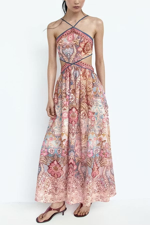 Casie Colorful Floral Print Dress Cutout Waist Back Lace-up Halter Maxi Dress