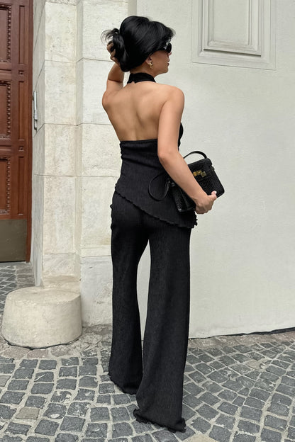 Green Halter Neck Top Pleated Wide Leg Pants Set