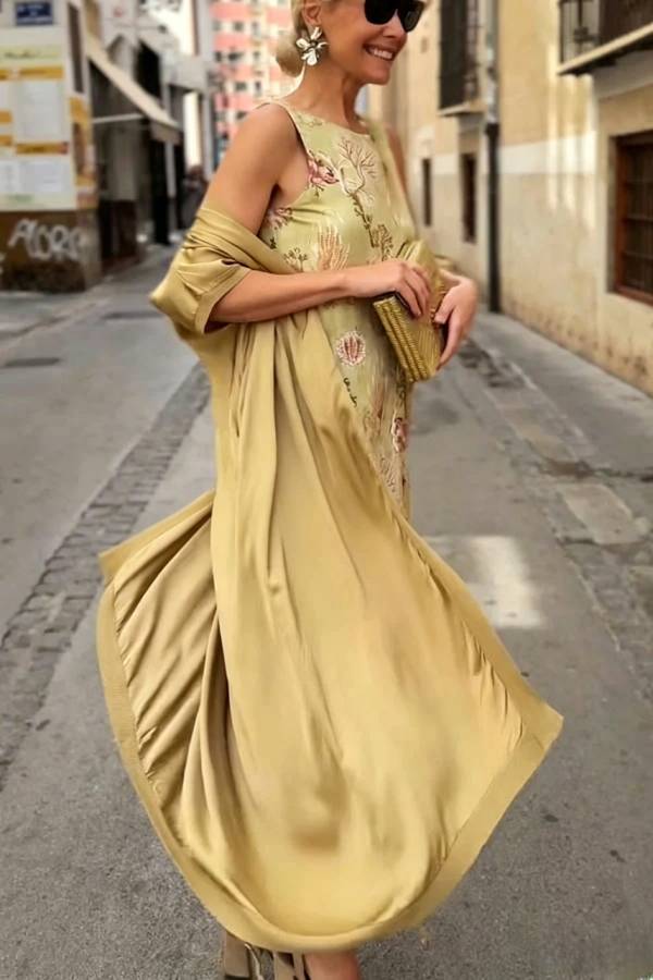 Riviera Unique Print Slit Tank Midi Dress and Satin Kimono Cover-up Two Pieces Set