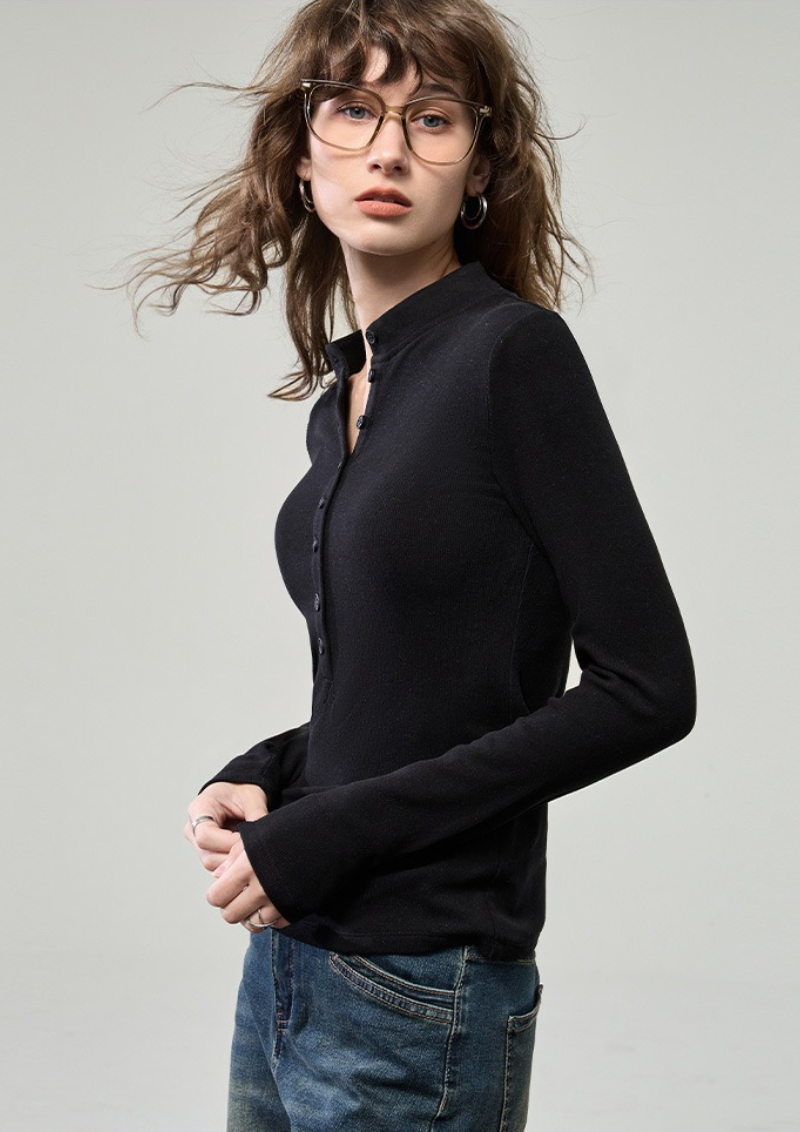 Fitted Henley Button Slim Crew Neck Long Sleeve Blouse