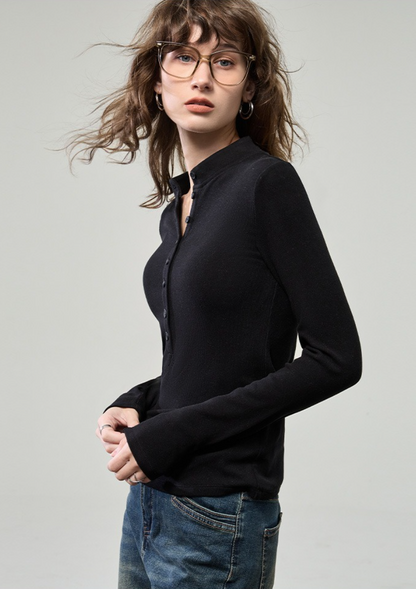 Fitted Henley Button Slim Crew Neck Long Sleeve Blouse