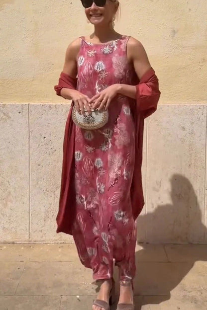 Riviera Unique Print Slit Tank Midi Dress and Satin Kimono Cover-up Two Pieces Set
