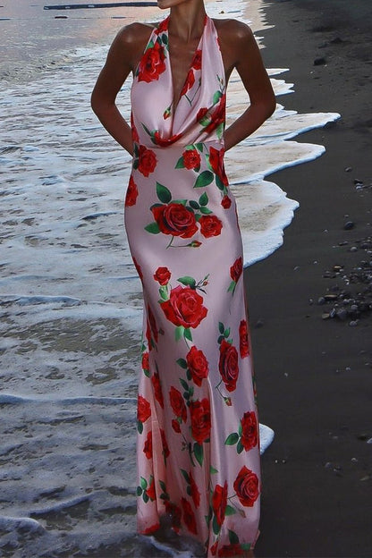 Printed Halter Backless Maxi Silk Dress