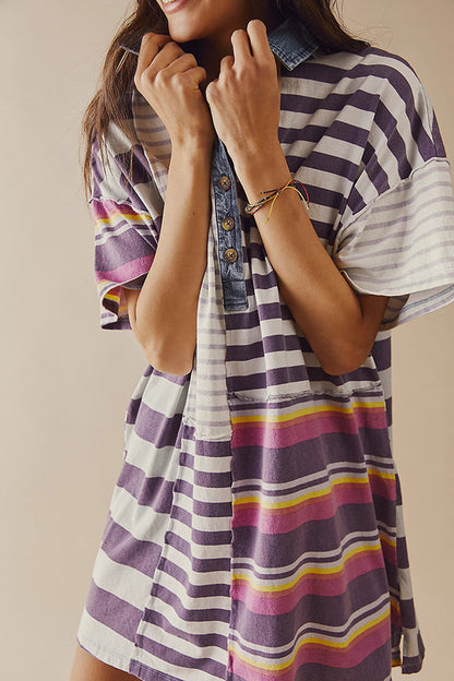 Denim Collar Striped Patchwork Polo Rugby Mini Dress